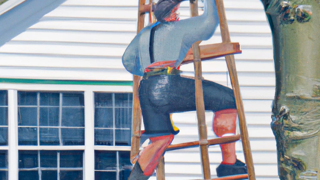 Man climbing ladder on Seaford, New York home to replace roof