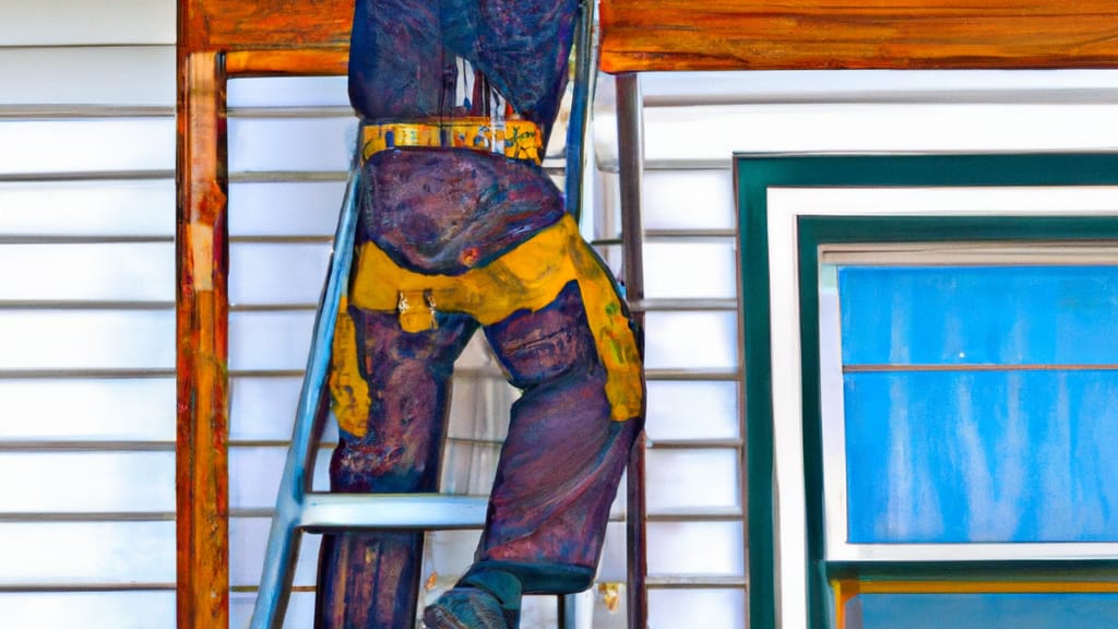 Man climbing ladder on Seaside, California home to replace roof