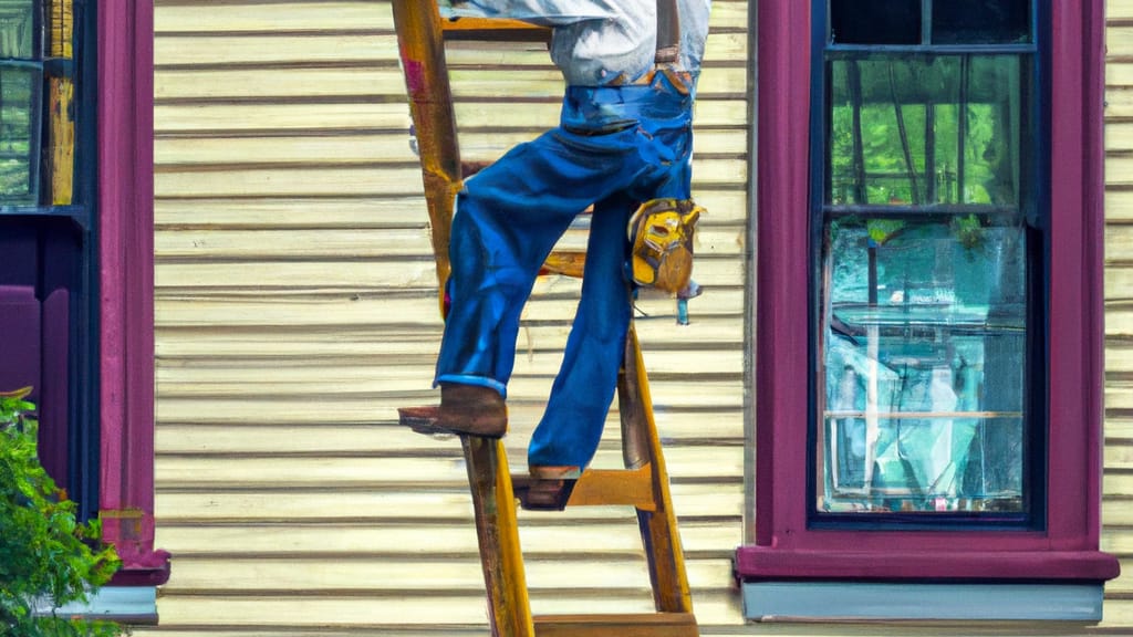Man climbing ladder on Seneca Falls, New York home to replace roof