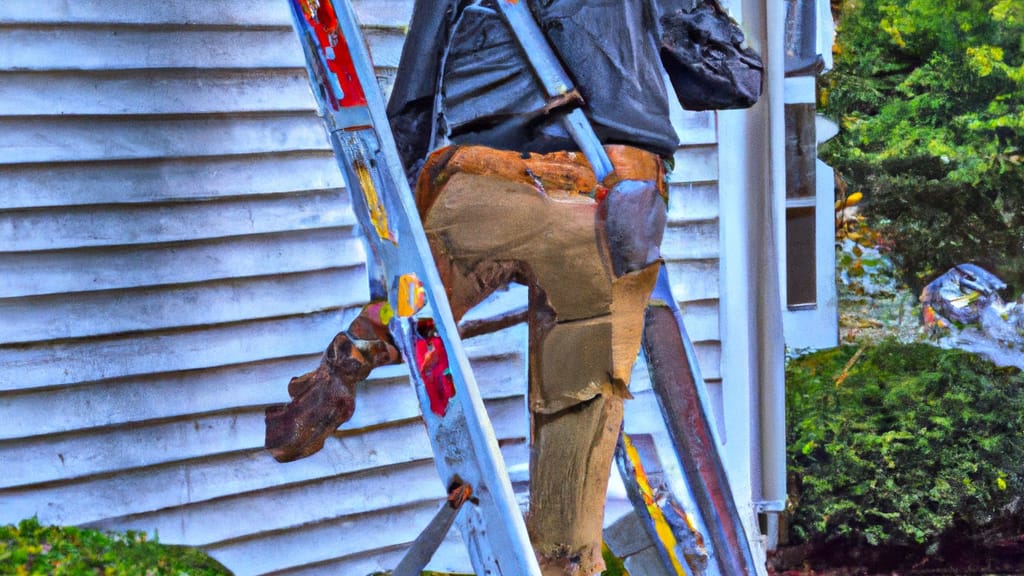 Man climbing ladder on Severna Park, Maryland home to replace roof
