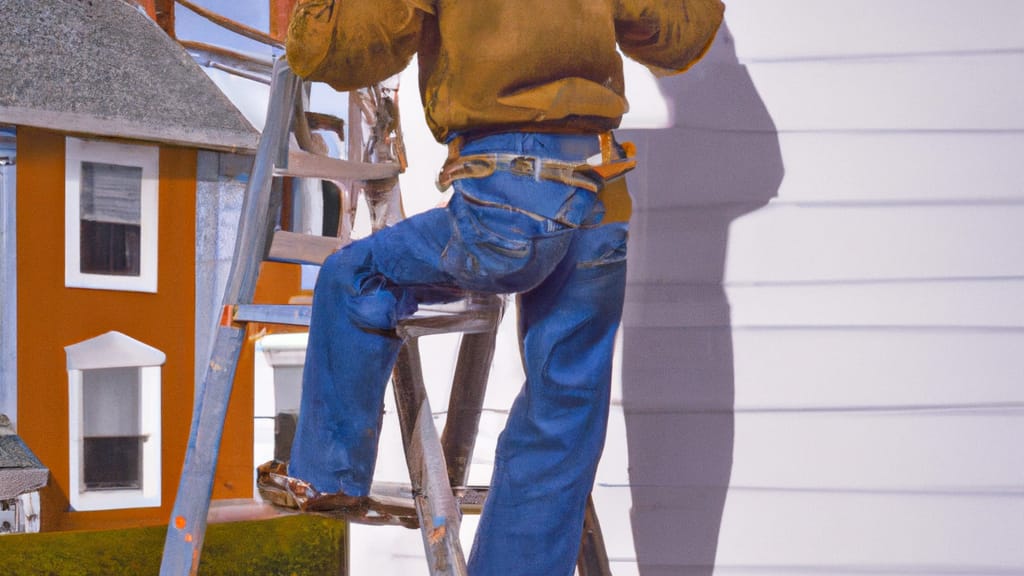 Man climbing ladder on Shrewsbury, Massachusetts home to replace roof