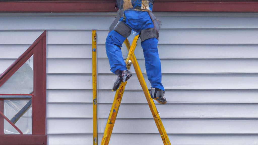 Man climbing ladder on Sitka, Alaska home to replace roof