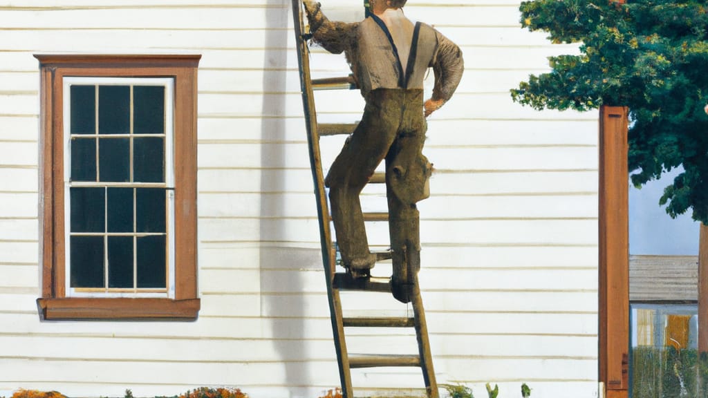 Man climbing ladder on Skowhegan, Maine home to replace roof