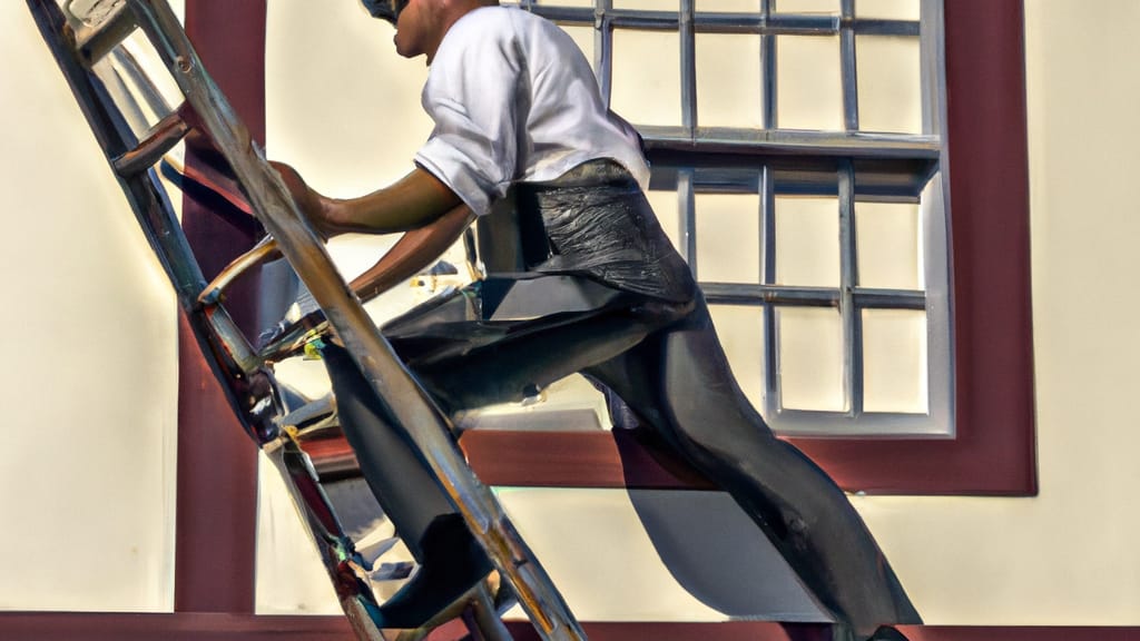 Man climbing ladder on Solvang, California home to replace roof