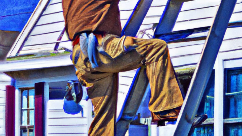 Man climbing ladder on Somers Point, New Jersey home to replace roof