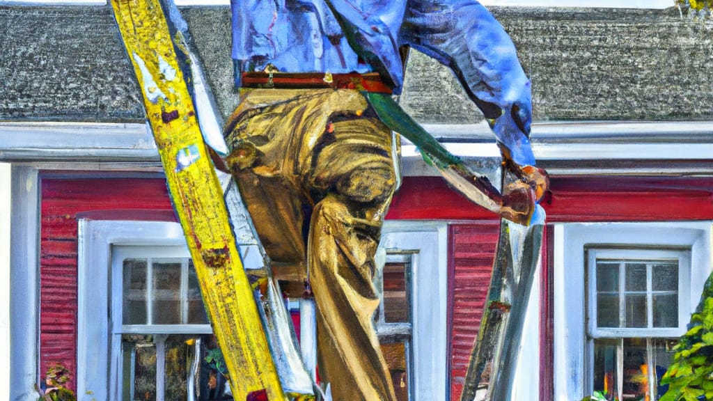 Man climbing ladder on Sound Beach, New York home to replace roof