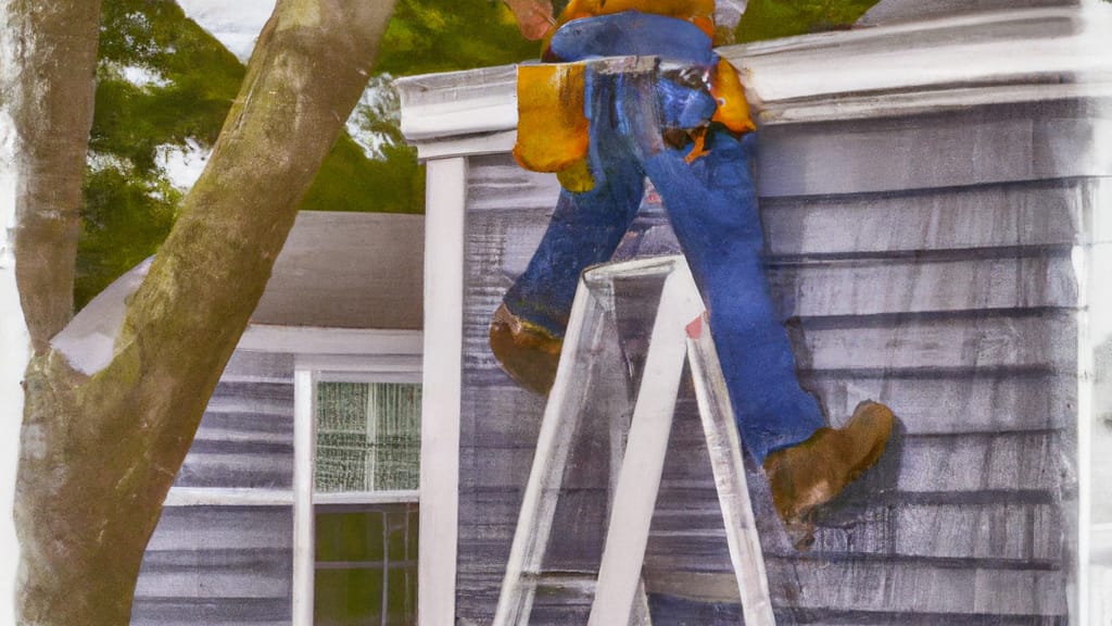 Man climbing ladder on South Yarmouth, Massachusetts home to replace roof