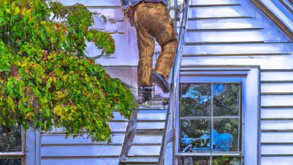 Man climbing ladder on Southampton, Massachusetts home to replace roof