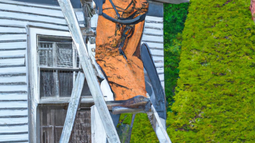 Man climbing ladder on Southold, New York home to replace roof