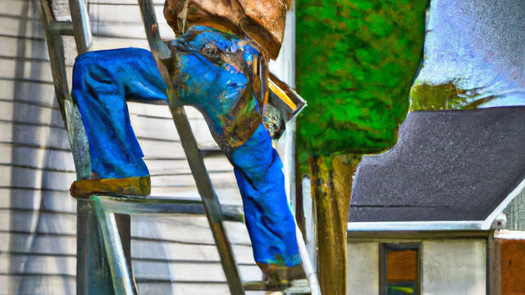 Man climbing ladder on State College, Pennsylvania home to replace roof