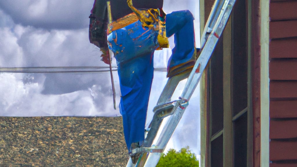 Man climbing ladder on Stoughton, Wisconsin home to replace roof