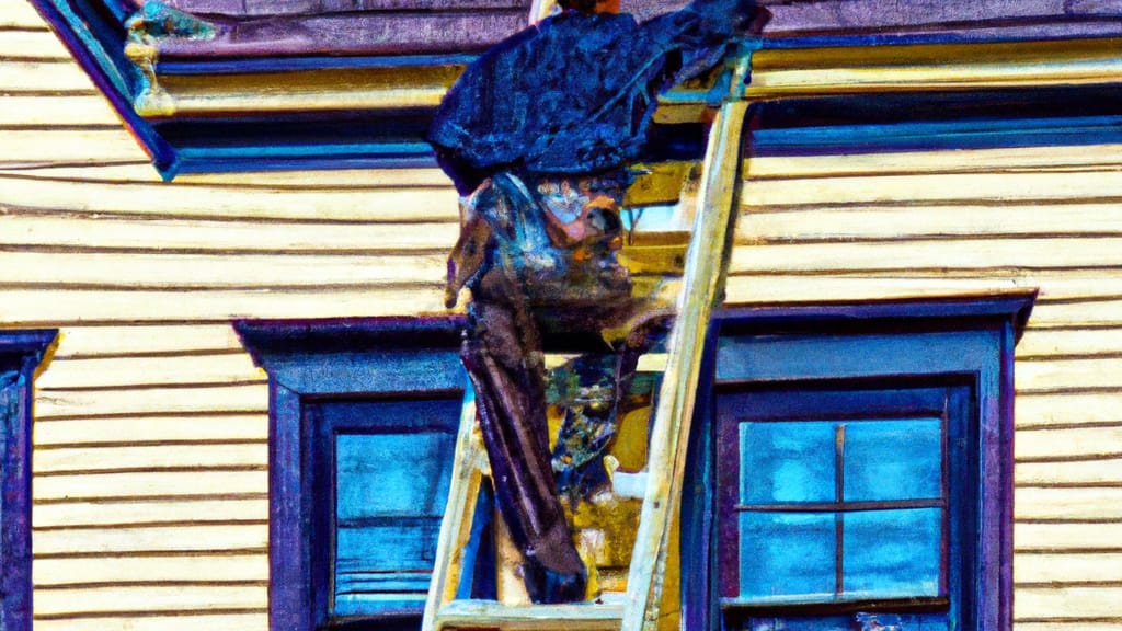 Man climbing ladder on Stratford, Connecticut home to replace roof
