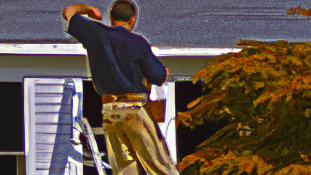 Man climbing ladder on Stratham, New Hampshire home to replace roof