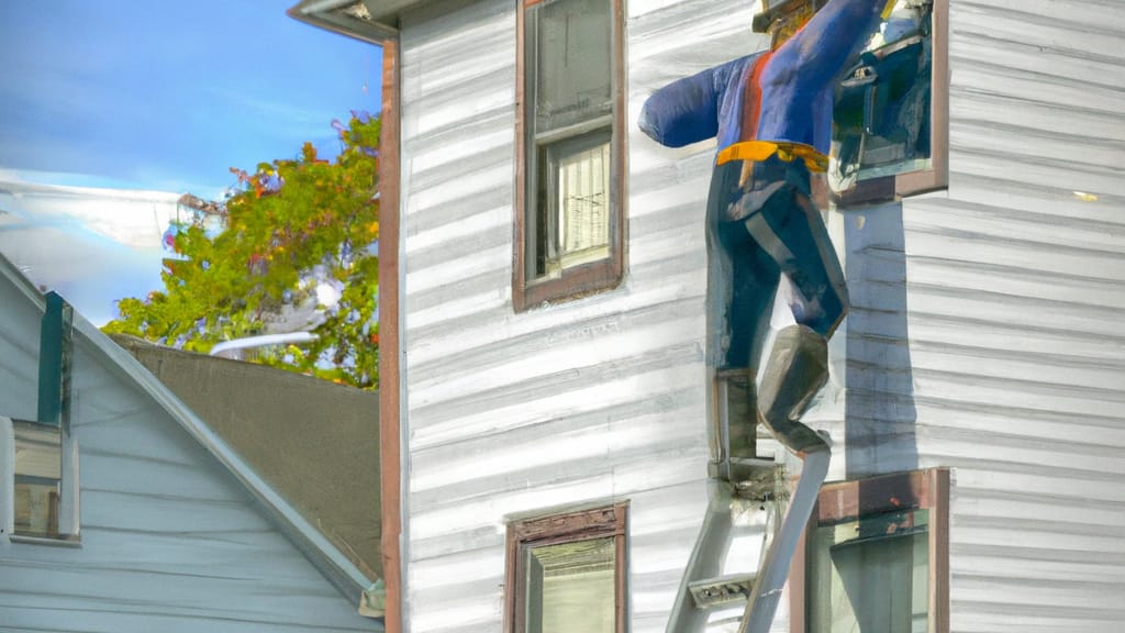 Man climbing ladder on Stroudsburg, Pennsylvania home to replace roof