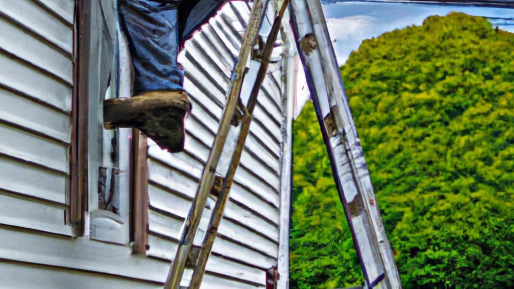 Man climbing ladder on Suffern, New York home to replace roof