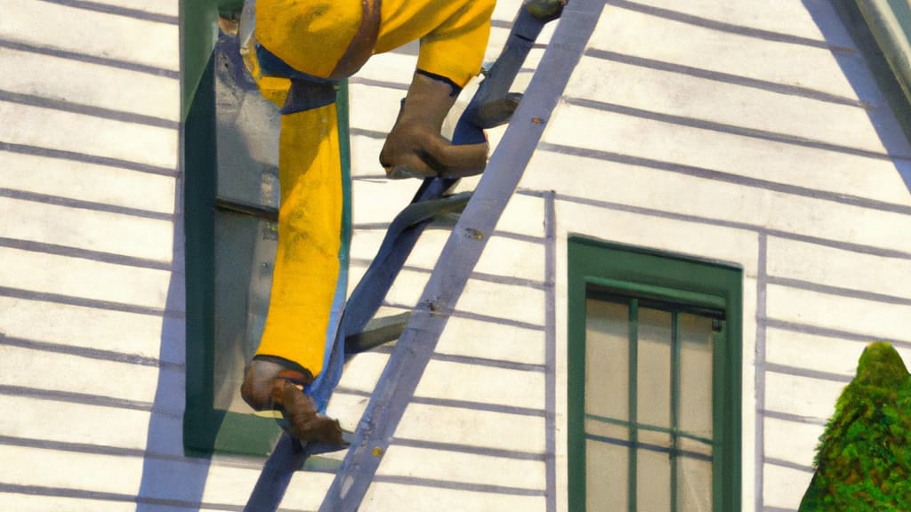 Man climbing ladder on Taneytown, Maryland home to replace roof