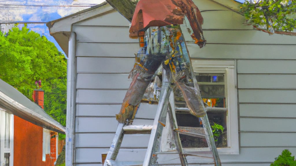 Man climbing ladder on Tenafly, New Jersey home to replace roof