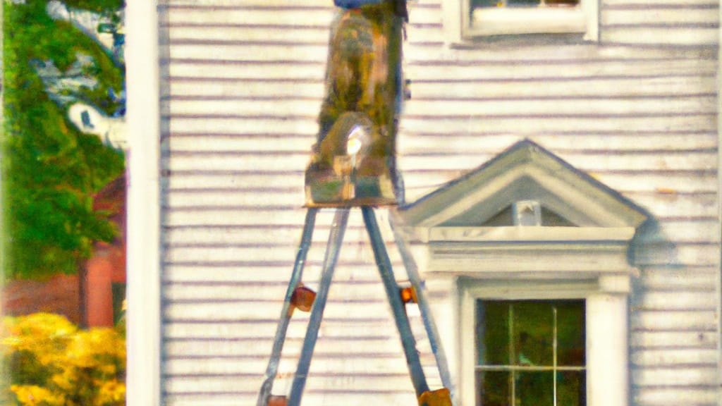 Man climbing ladder on Tewksbury, Massachusetts home to replace roof
