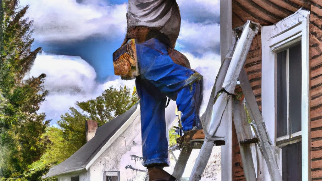 Man climbing ladder on Thornton, Illinois home to replace roof