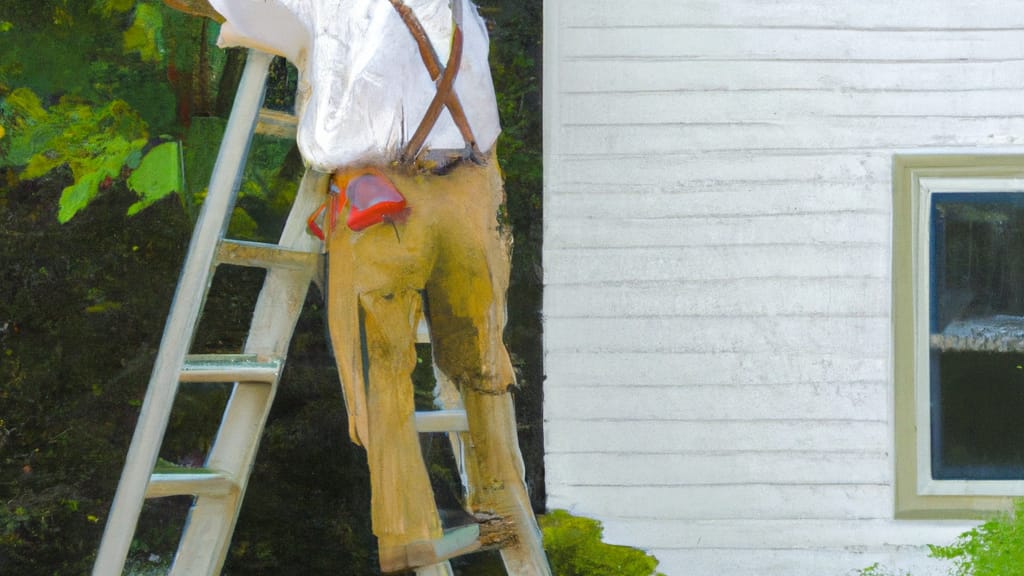 Man climbing ladder on Titusville, Pennsylvania home to replace roof