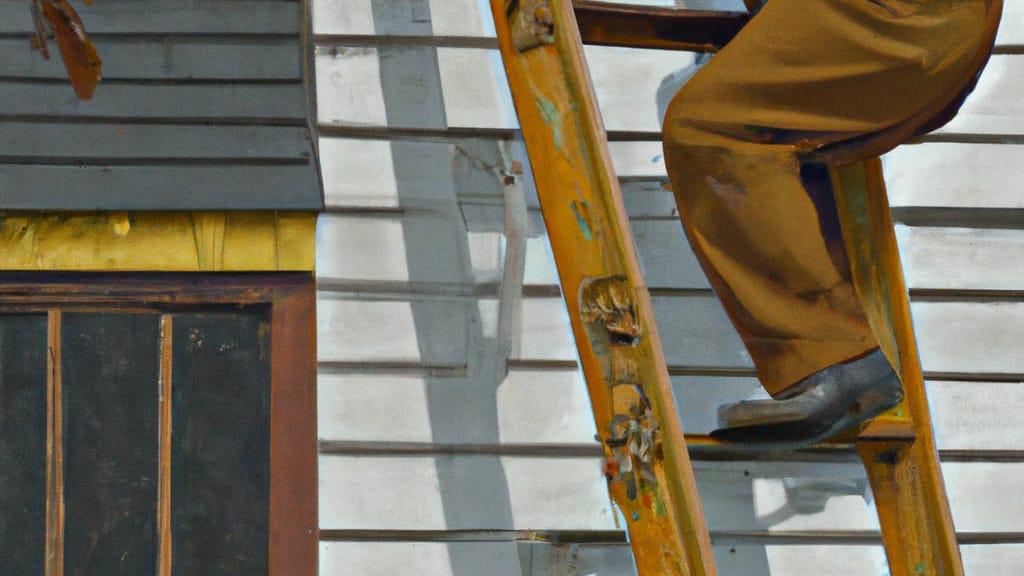Man climbing ladder on Trenton, Missouri home to replace roof