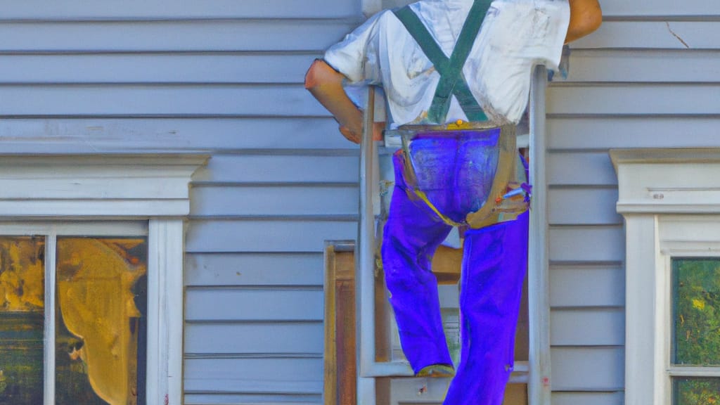Man climbing ladder on Ukiah, California home to replace roof