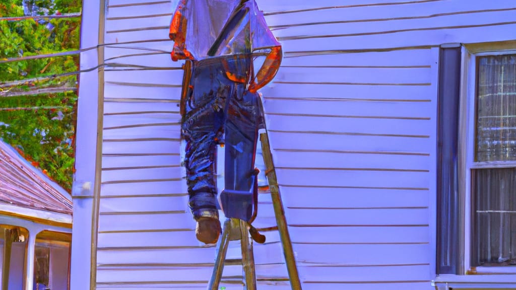Man climbing ladder on Uxbridge, Massachusetts home to replace roof