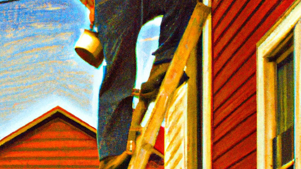 Man climbing ladder on Vermillion, South Dakota home to replace roof