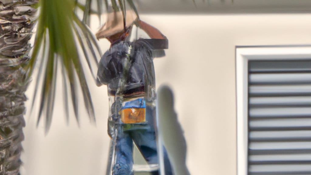 Man climbing ladder on Vero Beach, Florida home to replace roof