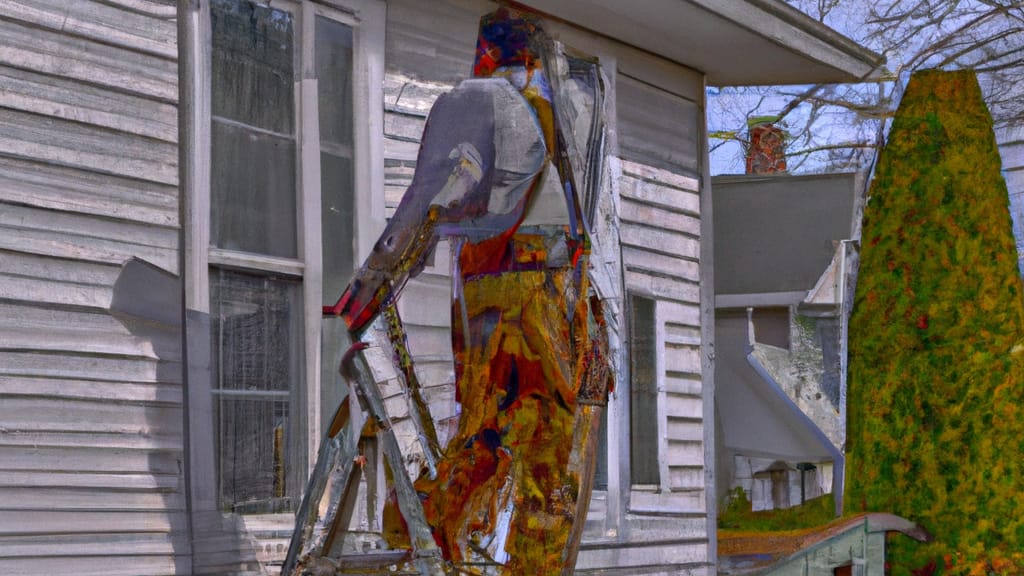 Man climbing ladder on Waldwick, New Jersey home to replace roof