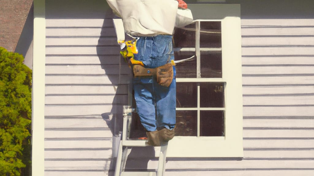 Man climbing ladder on Ware, Massachusetts home to replace roof