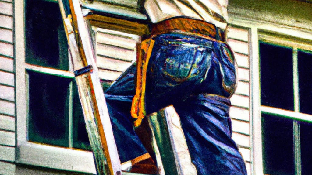 Man climbing ladder on Warren, Pennsylvania home to replace roof