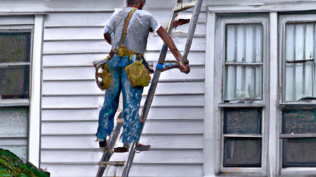 Man climbing ladder on Warwick, Rhode Island home to replace roof