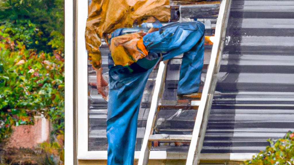 Man climbing ladder on Washington, North Carolina home to replace roof