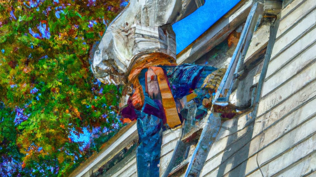 Man climbing ladder on Waterbury, Connecticut home to replace roof