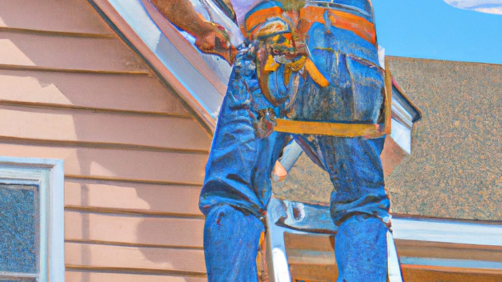 Man climbing ladder on Watertown, South Dakota home to replace roof