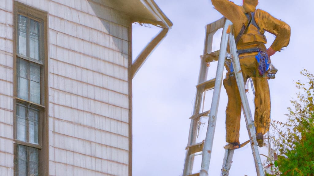 Man climbing ladder on Waukesha, Wisconsin home to replace roof