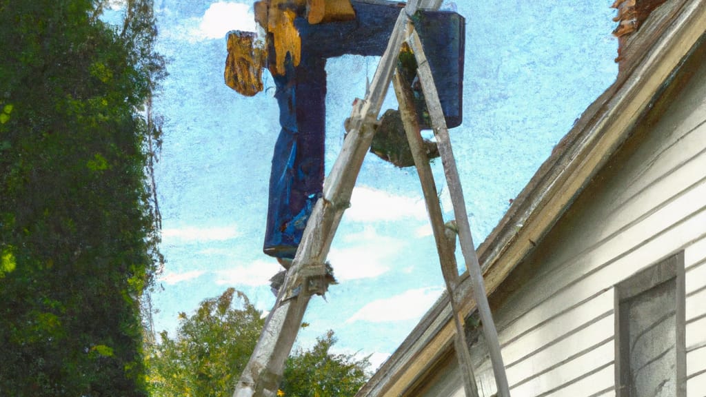 Man climbing ladder on Wayne, Illinois home to replace roof
