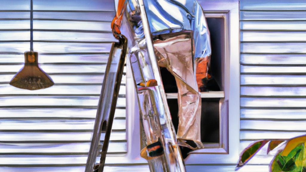 Man climbing ladder on Wayne, Michigan home to replace roof