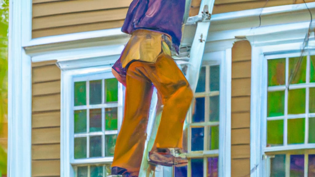 Man climbing ladder on Webster, Massachusetts home to replace roof