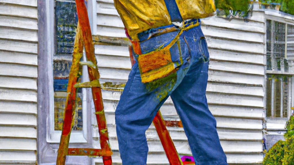 Man climbing ladder on West Bend, Wisconsin home to replace roof