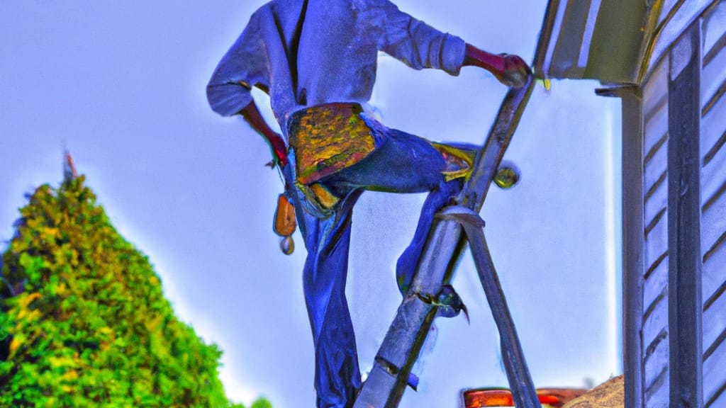 Man climbing ladder on West Sayville, New York home to replace roof