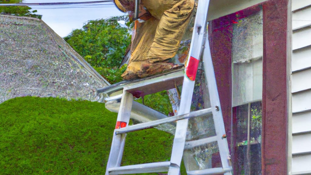 Man climbing ladder on West Warwick, Rhode Island home to replace roof
