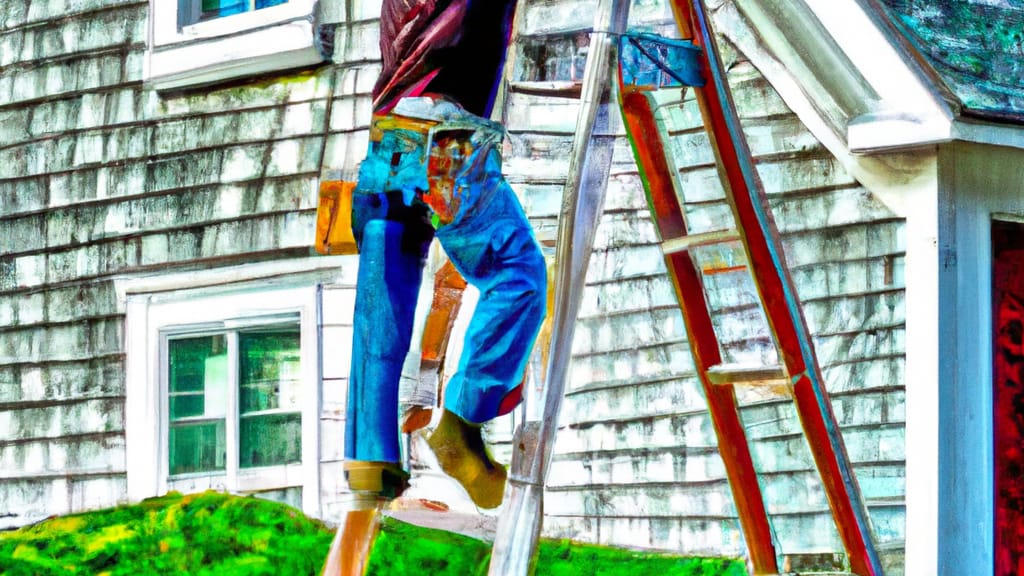 Man climbing ladder on West Yarmouth, Massachusetts home to replace roof