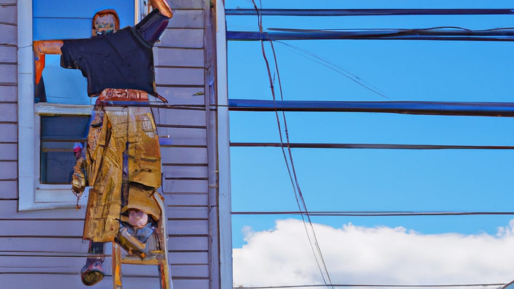 Man climbing ladder on Westbury, New York home to replace roof