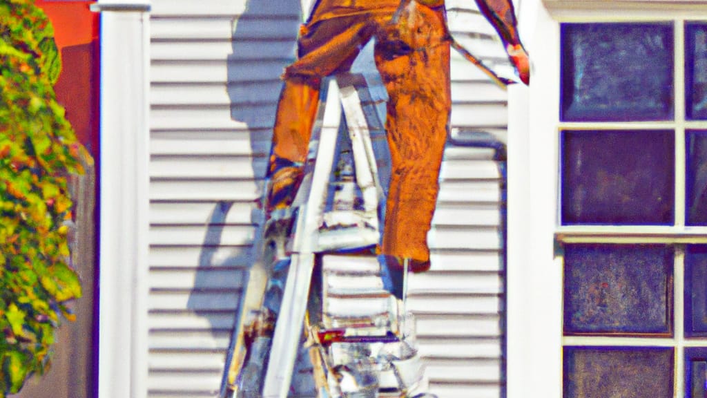 Man climbing ladder on Westport, Massachusetts home to replace roof