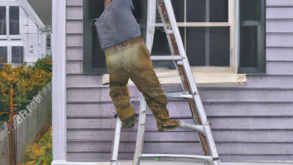 Man climbing ladder on Weymouth, Massachusetts home to replace roof