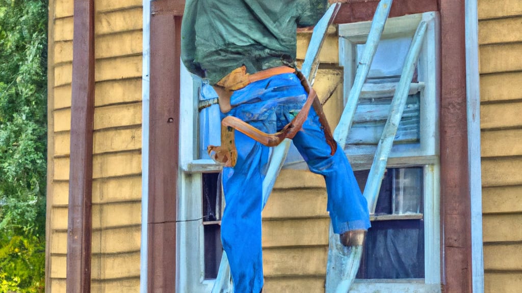 Man climbing ladder on Wheeling, Illinois home to replace roof