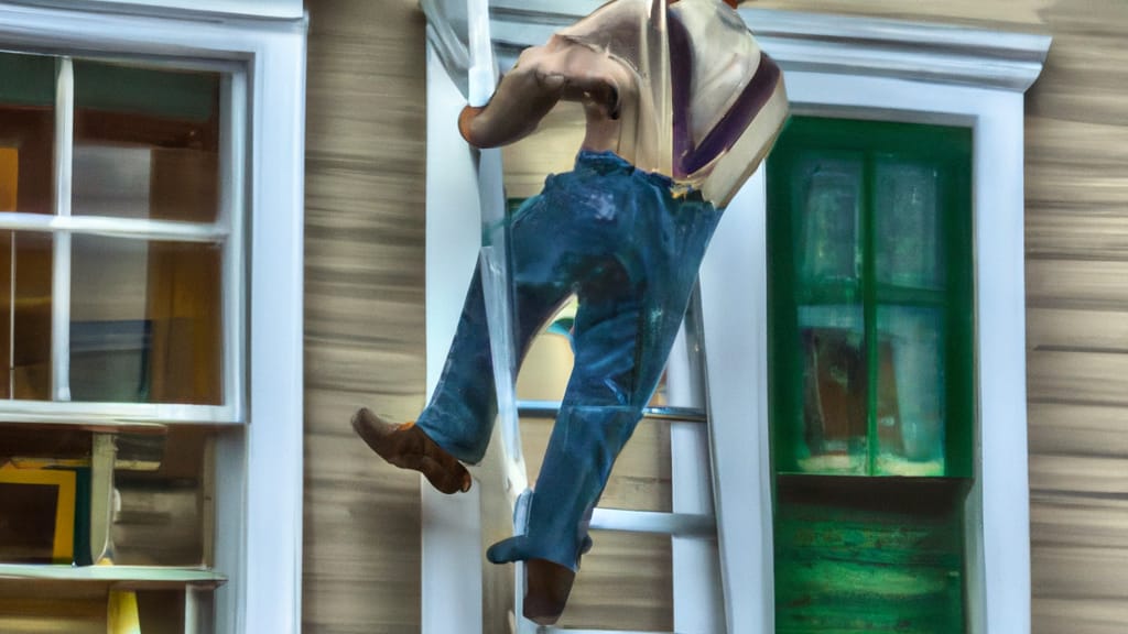 Man climbing ladder on Wheeling, West Virginia home to replace roof