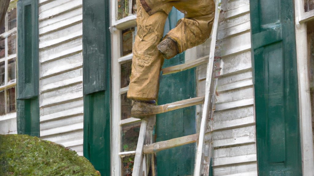 Man climbing ladder on Williamsburg, Virginia home to replace roof